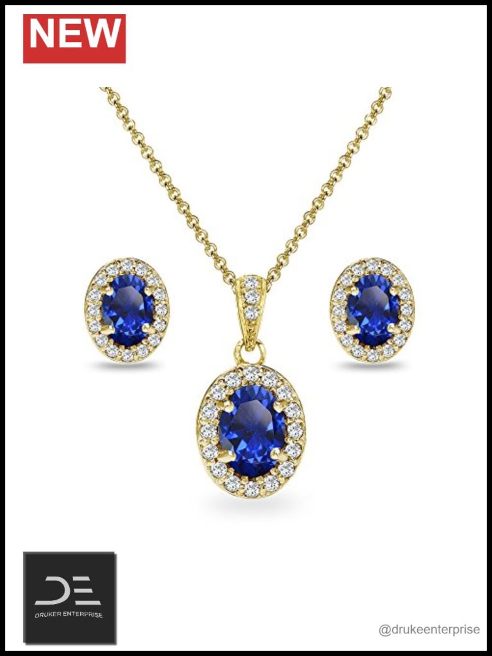 Yellow Gold Flashed Sterling Silver Blue Sapphire Halo Necklace & Earrings Set